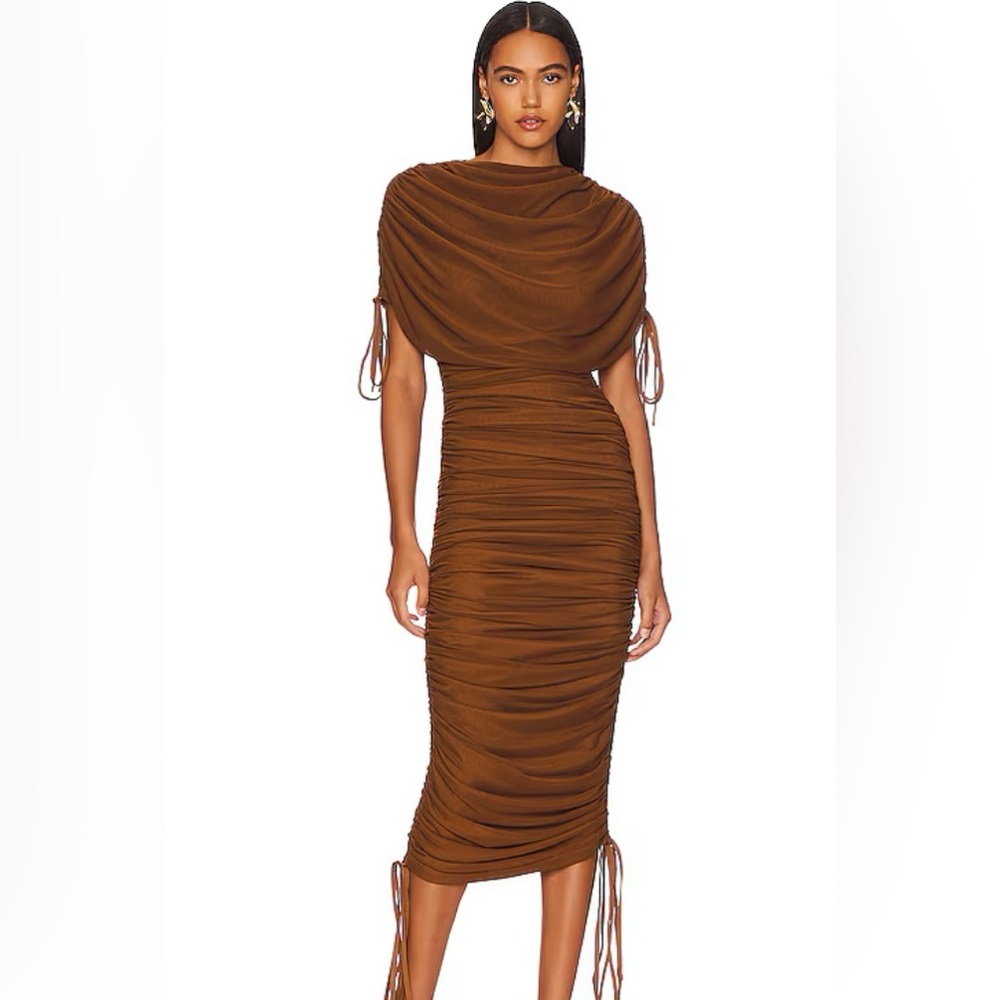 Elegant Brown Ruched Midi Dress